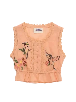 Birds Embroidered Ruffle Top Orange