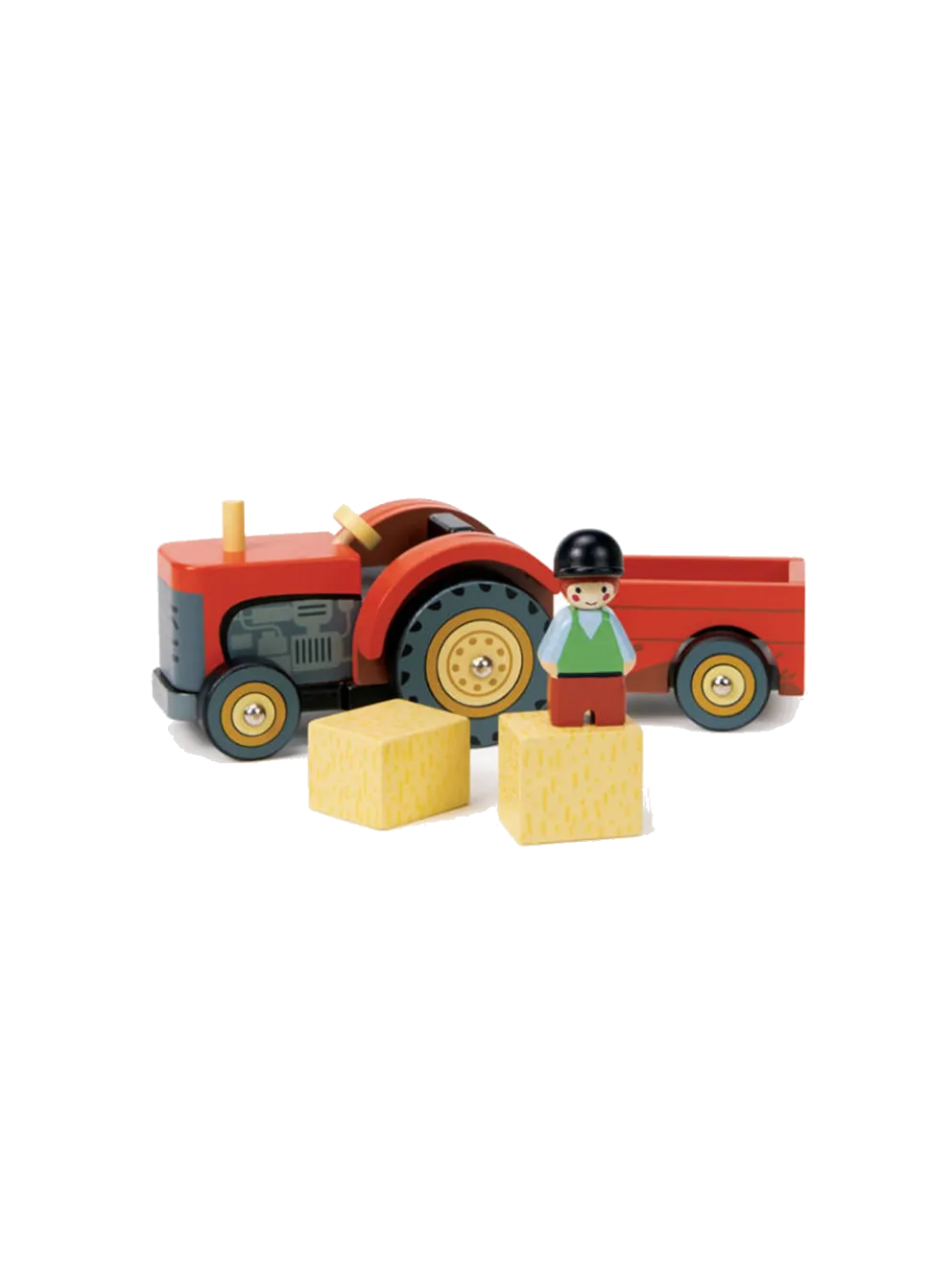 Drewniany traktor z przyczepą i akcesoriami